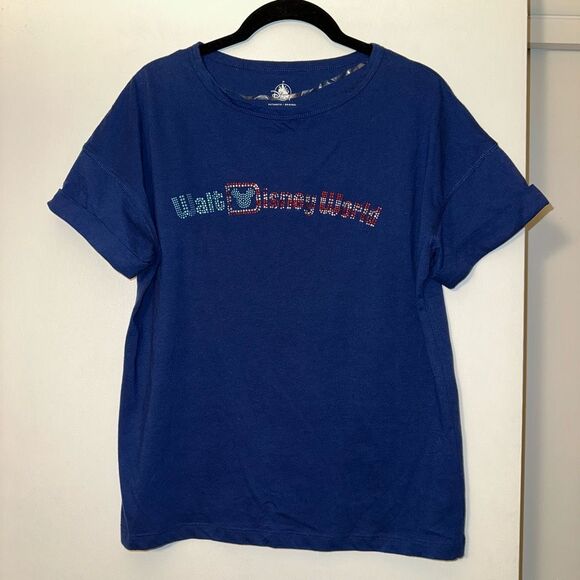 Disney Parks Medium Patriotic Rhinestone Logo Short Sleeve Womens Blue Tee NWOT - Picture 1 of 10